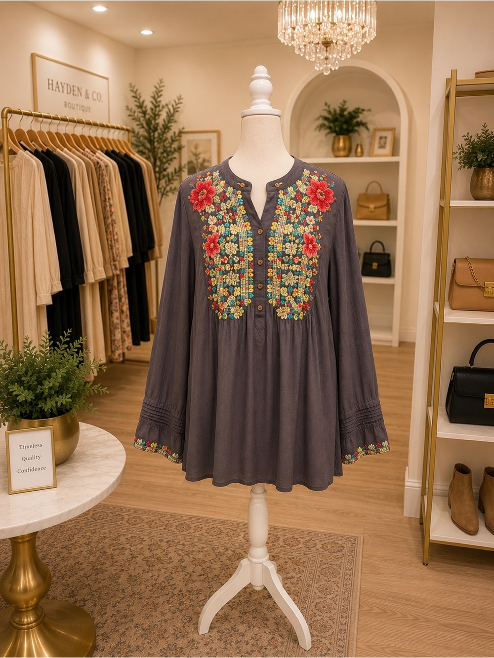 Johnny Was Size Large Gray Floral Embroidered Boho Tunic Top NWOT